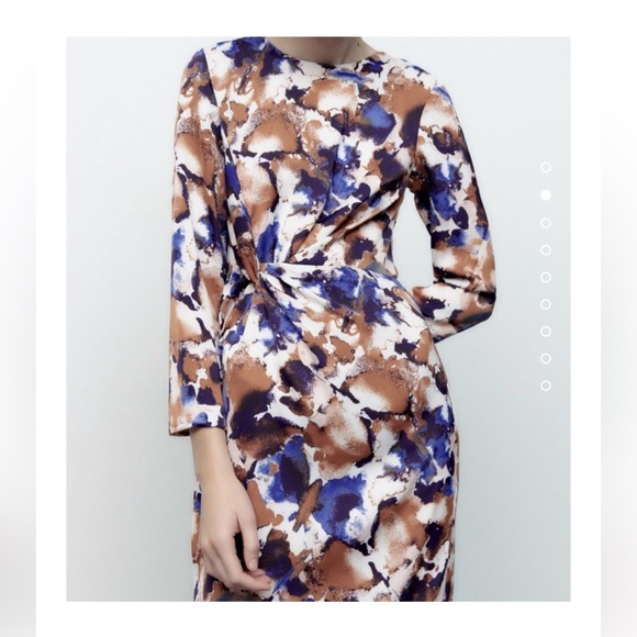 NEW Zara Print Long Sleeve Midi Dress With Knot - Picture 2 of 6